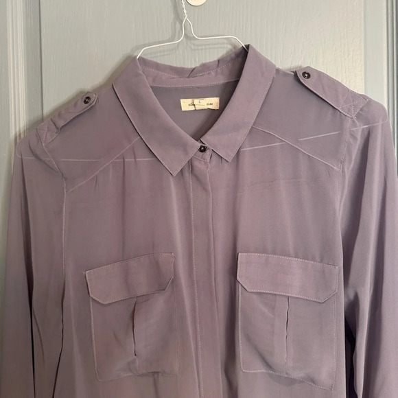 Silence + Noise Lilac High Low Sheer Utility Split Hem Button Up Blouse Sz L - Picture 5 of 16
